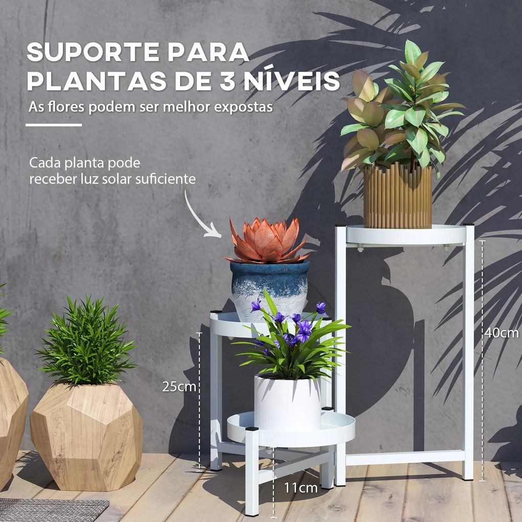 Suporte para Plantas Dobrável de Metal com 3 Prateleiras Redondas Suporte para Vasos de Plantas para Interior e Exterior 40x40x42 cm Branco