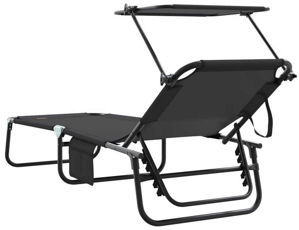 Espreguiçadeiras Dobráveis 2 pcs com Toldo Preto Tecido Oxford 600D