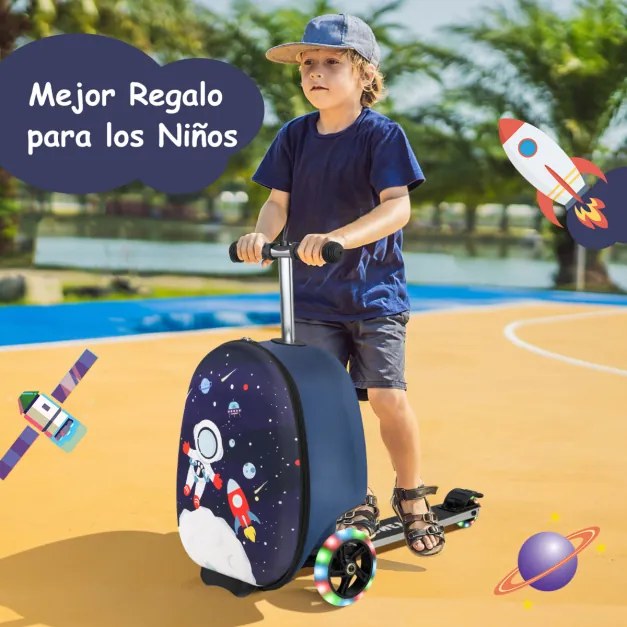 Mala Trotinete dobrável 2 em 1 para crianças 26 L com rodas iluminadas por LED com 3 cores de travagem Bagagem para viagens escolares Azul Escuro