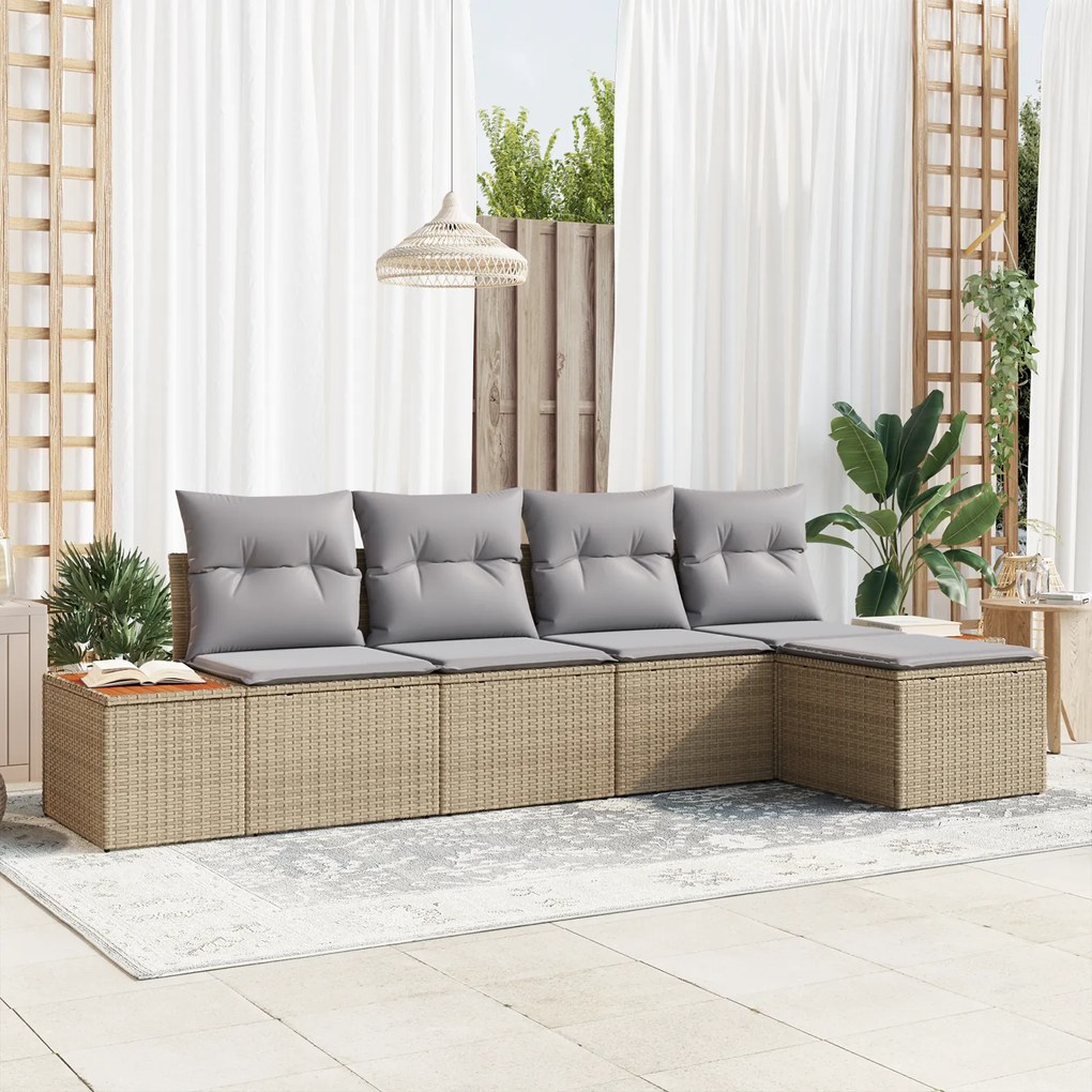 Conjunto de Sofá de Jardim de 5 Peças com Almofadas Bege Rattan Poly Acácia