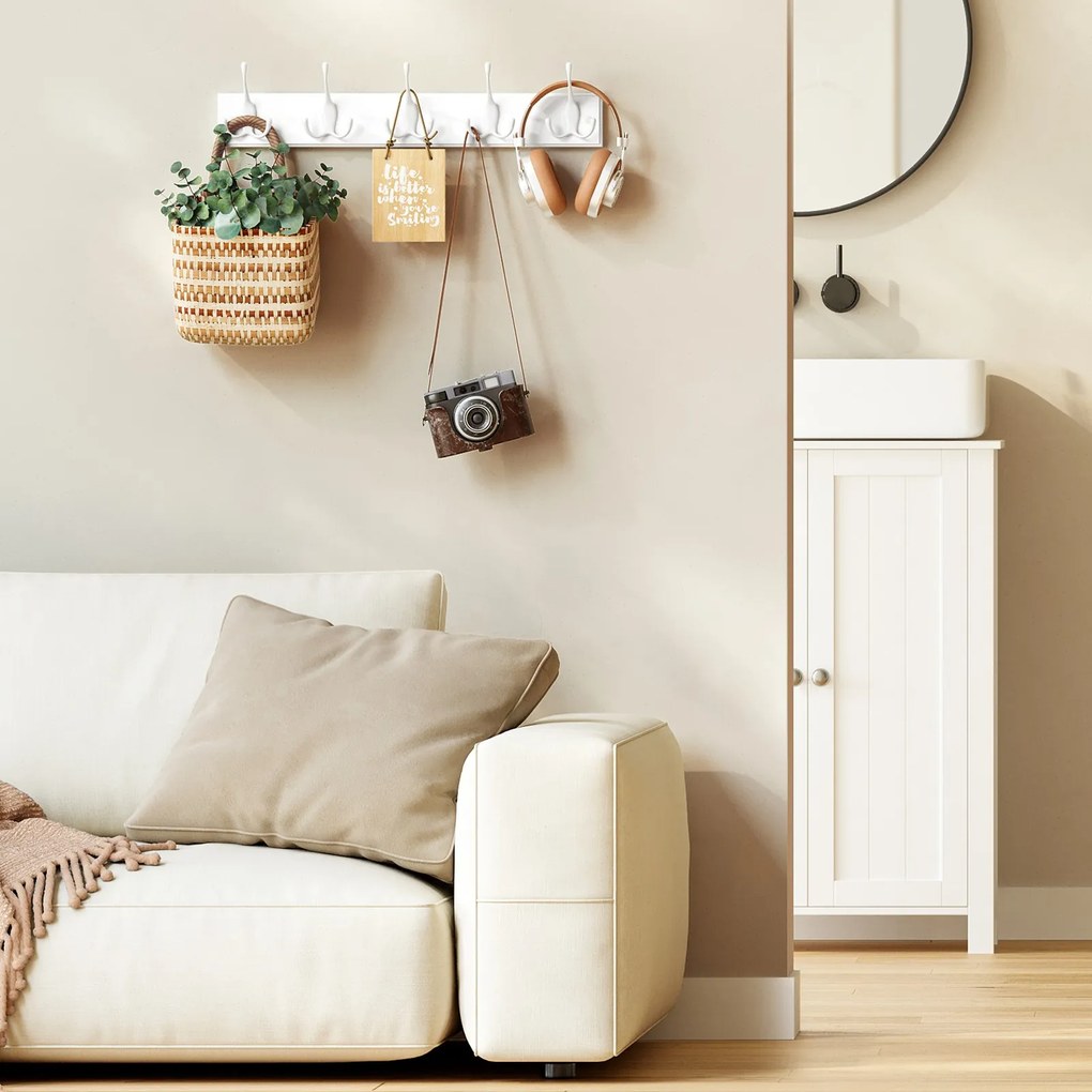 Cabide de parede com ganchos de metal, barra para casacos e chapéus 7 x 50,4 x 10,5 cm Branco