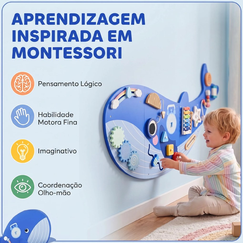 Quadro Sensorial Montessori Baleia Busy Board 13 em 1 para Crianças +2 Anos, Azul