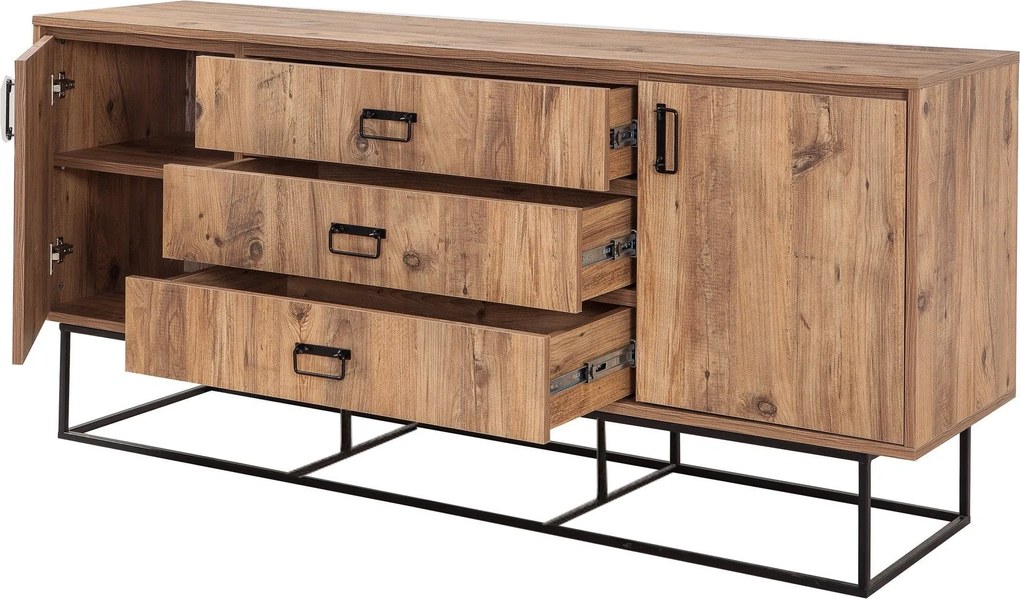 Aparador Mare com Gavetas – Pinho Atlântico e Preto - 180 x 80 x 45 cm