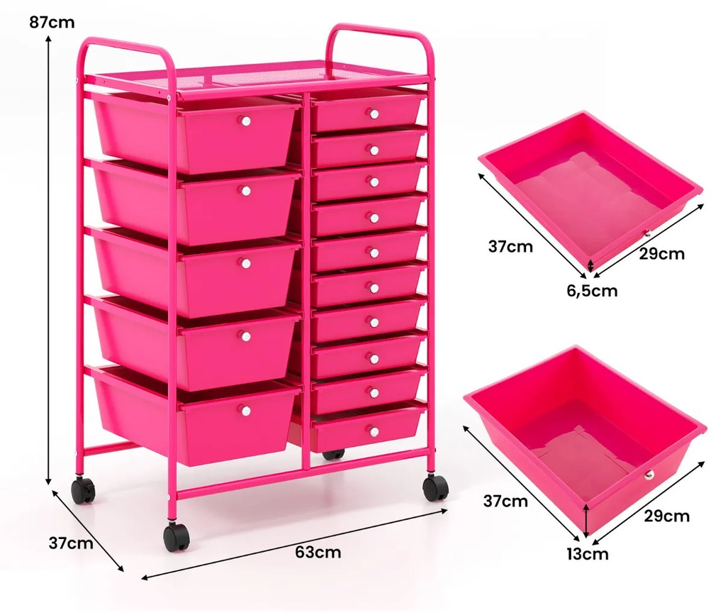 Carrinho multiusos com gavetas amovíveis e rodas com fecho Organizador de acessórios 63 x 37 x 87cm Rosa Escuro