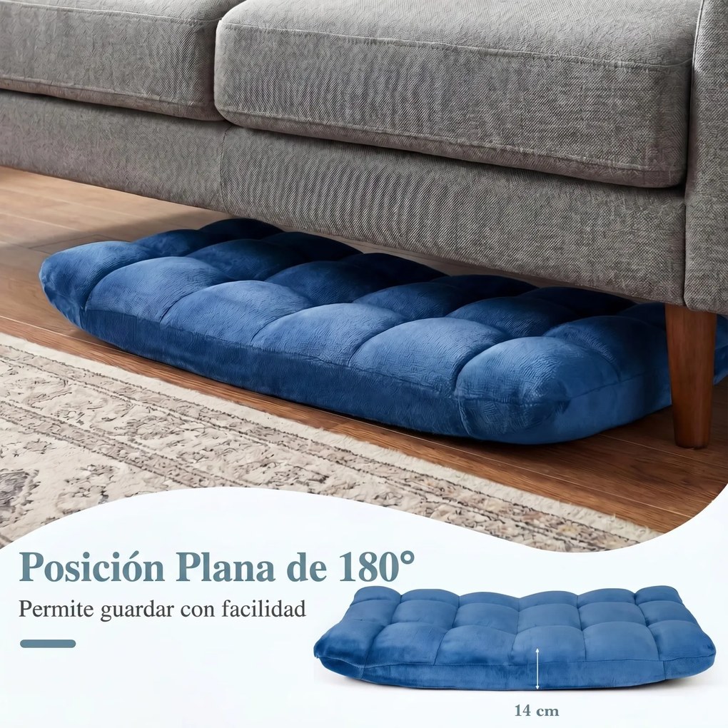 Cadeira de Chão Dobrável, 104 x 53 x 15 cm, Encosto Ajustável em 14 Posições, Azul-real