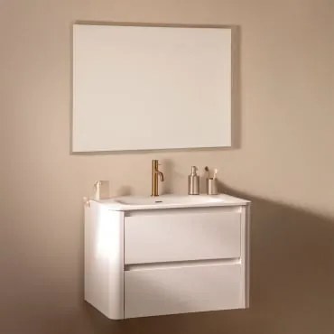 Conjunto De Móvel De Casa De Banho Suspenso Em Madeira Com Lavatório Integrado Egerton Branco & Led Retangular E Anti-embaciamento 100x70 Cm - Sklum