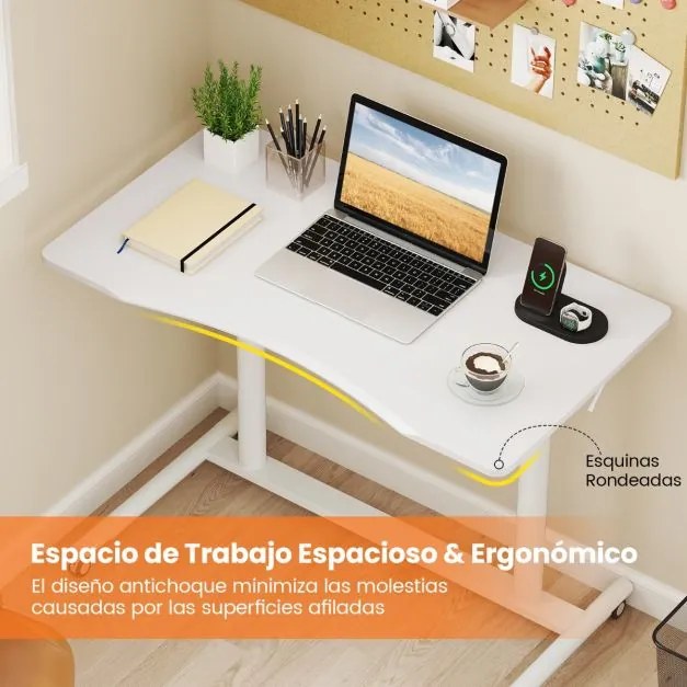 Secretária com altura ajustável em C 95 x 52 x 70-106 cm com rodas bloqueáveis e estrutura metálica para escritório Branca