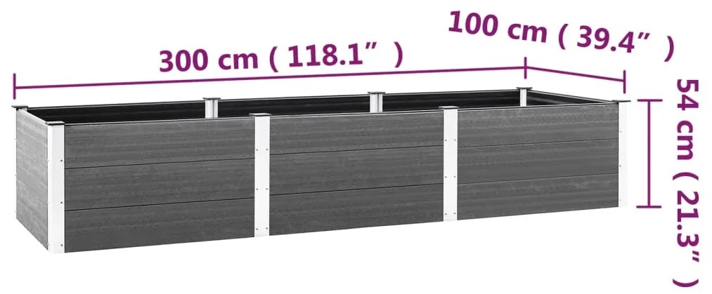 Canteiro de jardim elevado 300x100x54 cm WPC cinzento
