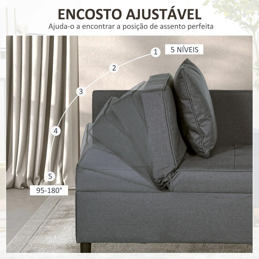 Sofá Cama 3 em 1 Sofá de 2 Lugares com Encosto Ajustável Sofá Cama Individual com Almofadas 65x98x69 cm Cinzento