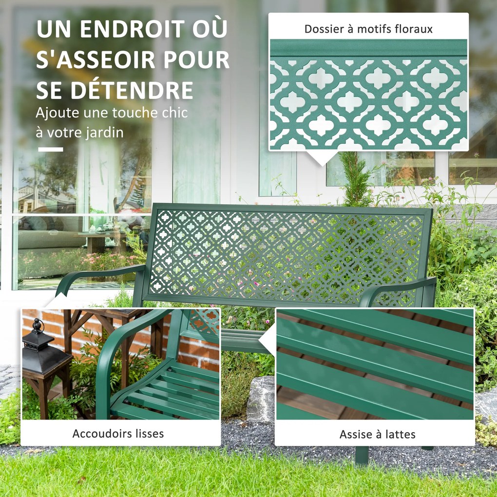 Banco de jardim de exterior em aço com encosto com padrão floral para 2 pessoas, 127 x 63 x 83 cm, verde escuro