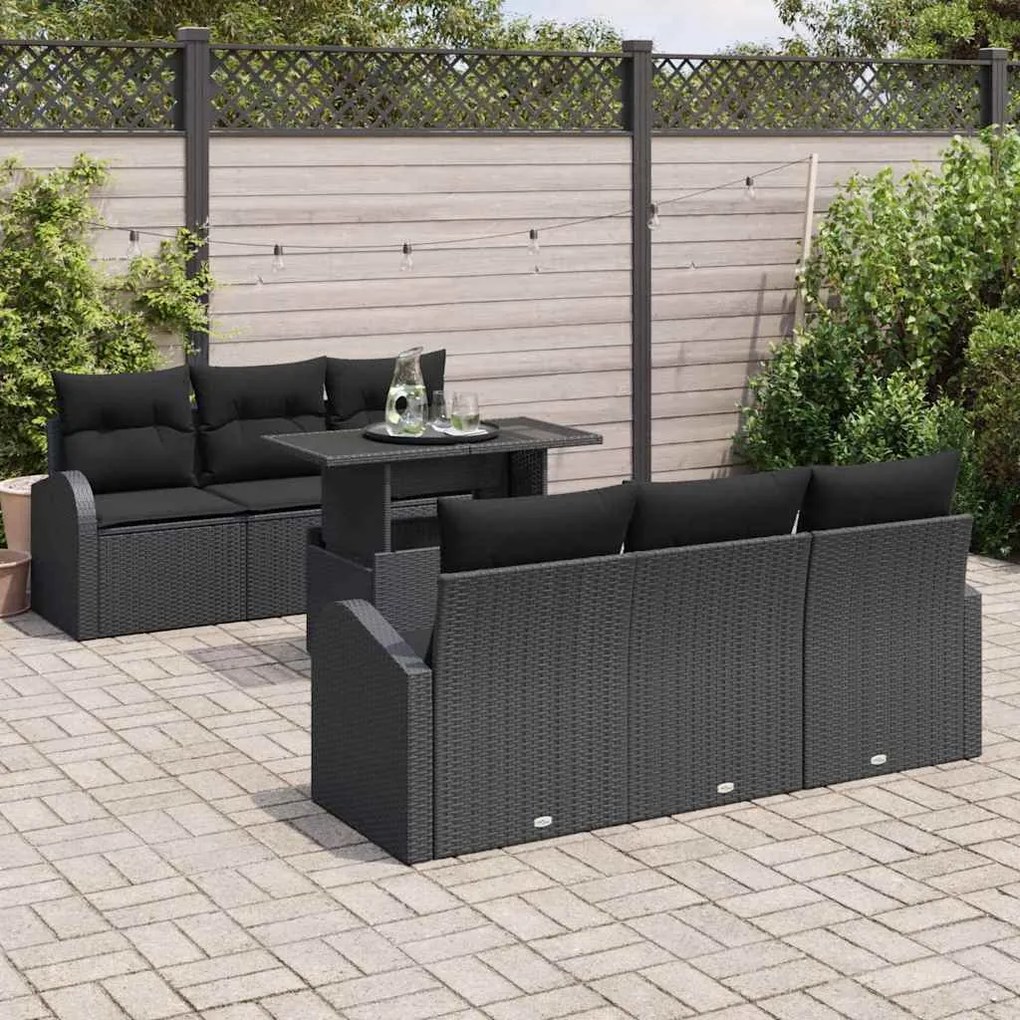 Conjunto de Sofás Jardim 7 Peças com Almofadas Preto Vime Poliéster