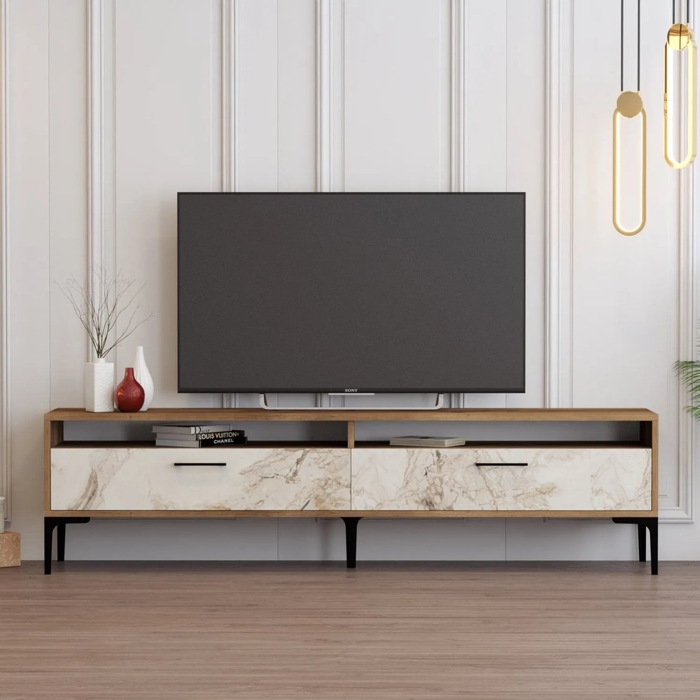 Móvel de TV Istanbul – Nogueira e Mármore Branco – 180x35x47 cm