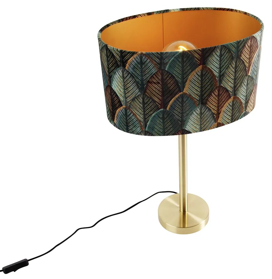 Candeeiro de Mesa Latão com Abajur Oval de Veludo Design de Folhas 35cm - Simplo Moderno,Clássico / Antigo