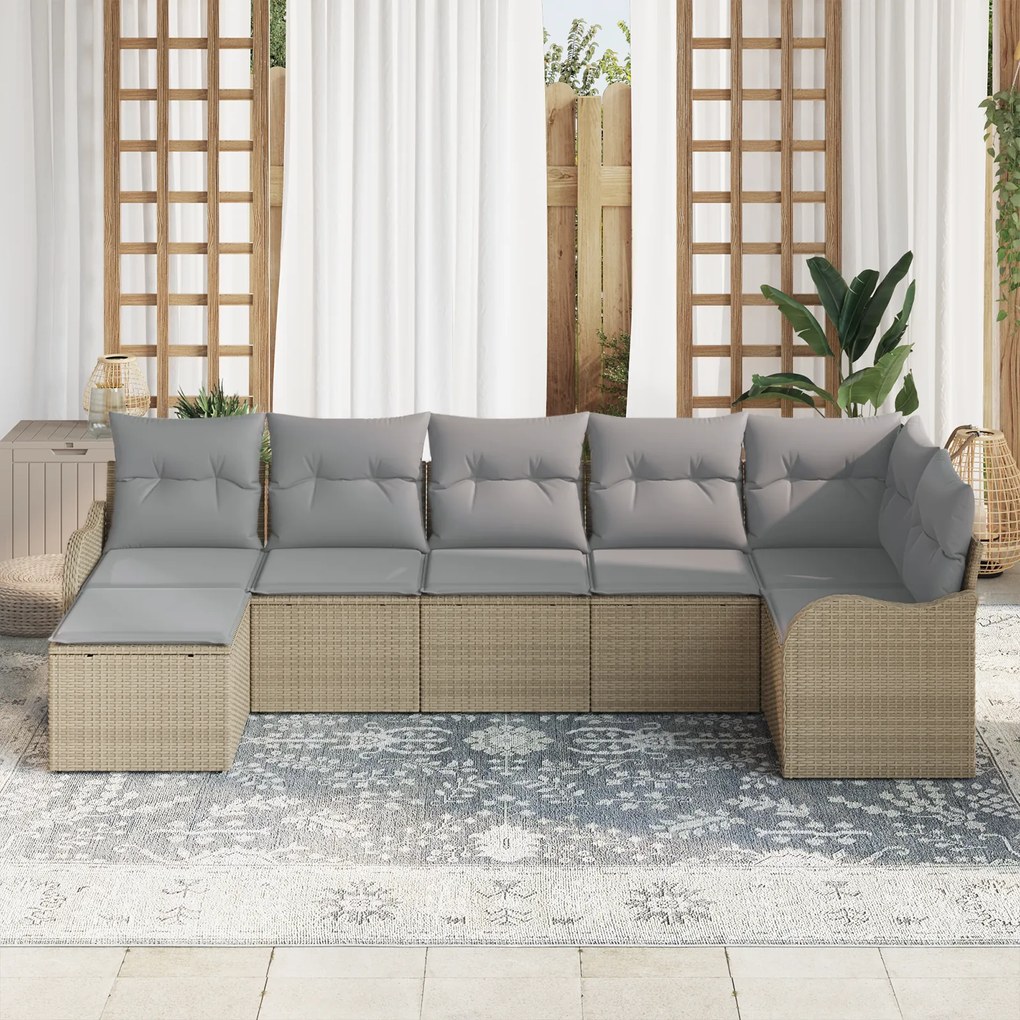 Conjunto de Sofá de Jardim vidaXL 7 Peças com Almofadas Bege Rattan Po