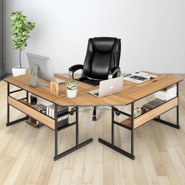 Mesa moderna de escritorio em forma de L, mesa de design inclinado com estrutura metálica inferior Castanho Claro