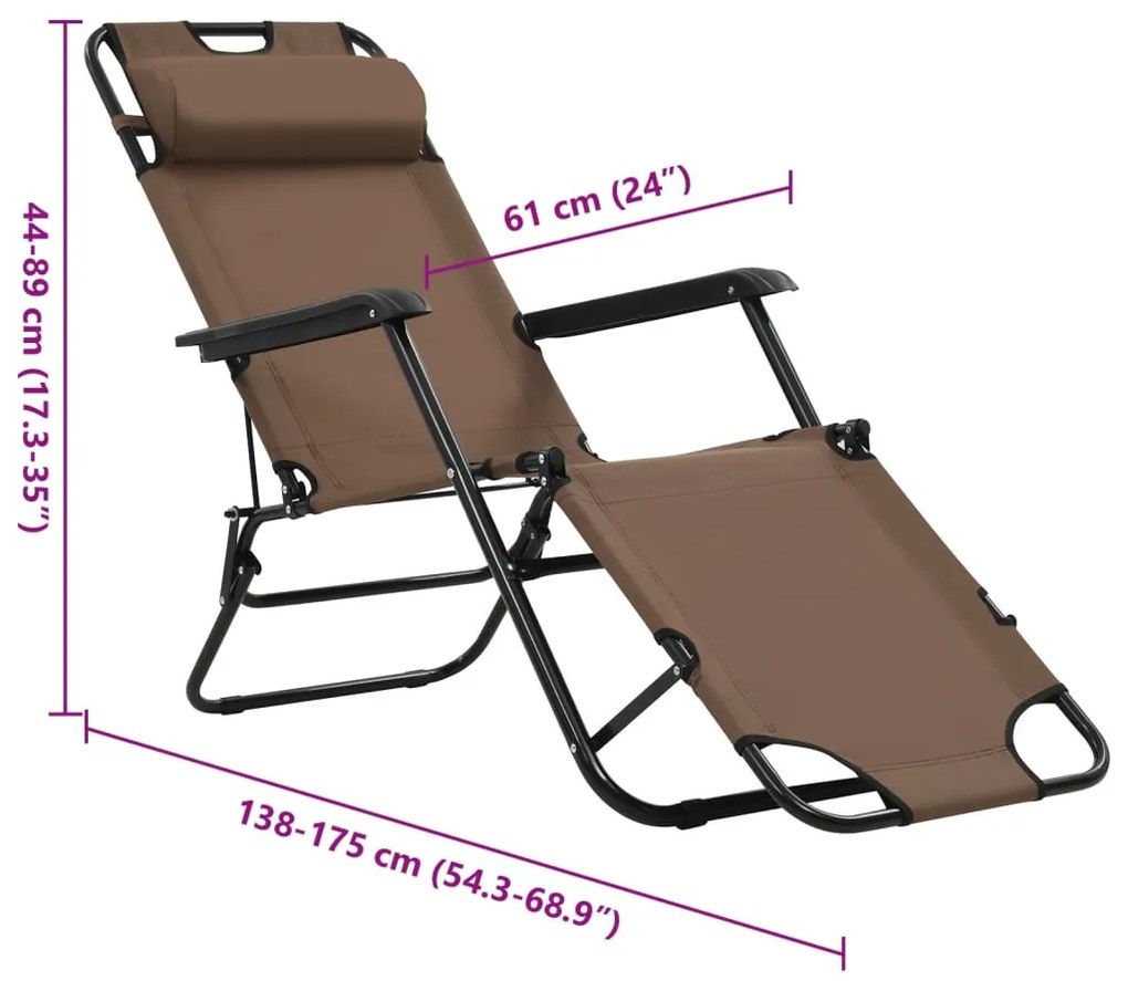 Espreguiçadeiras dobráveis c/ apoio de pés 2 pcs aço castanho