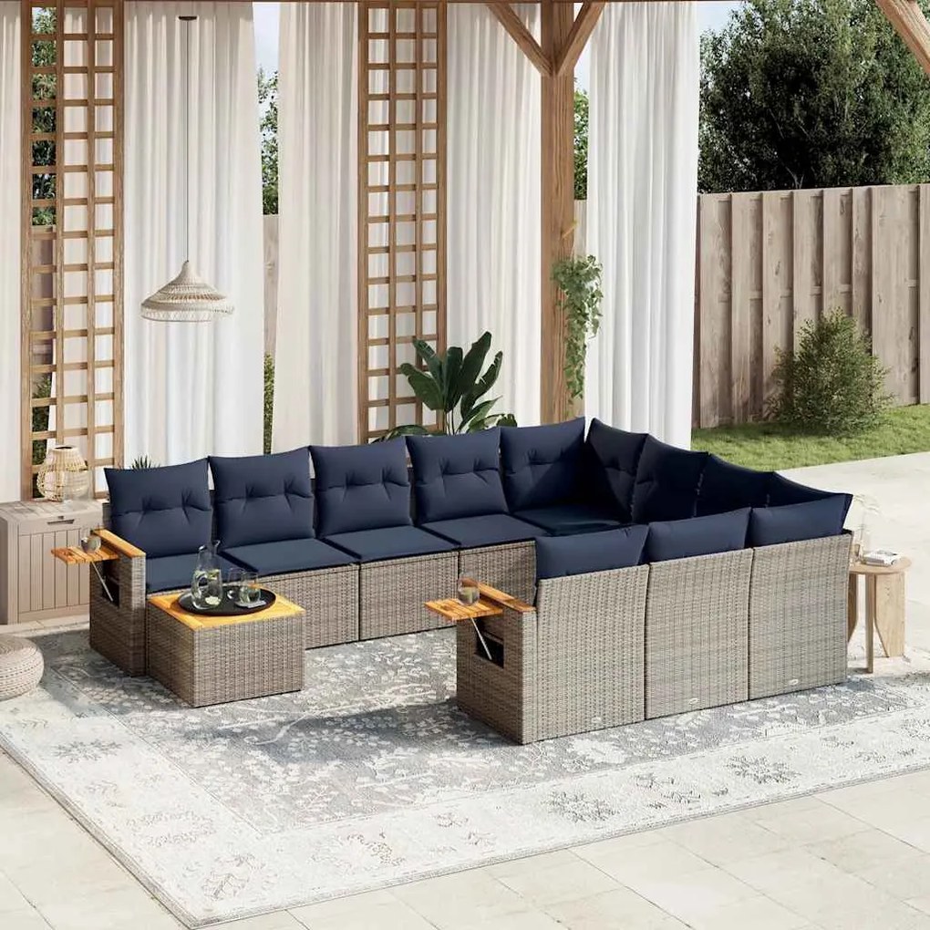11 pcs conjunto sofás de jardim c/ almofadões vime PE cinzento