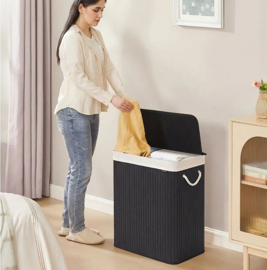 Cesto da roupa suja com 2 compartimentos, 100 L, com tampa, saco de bambu preto