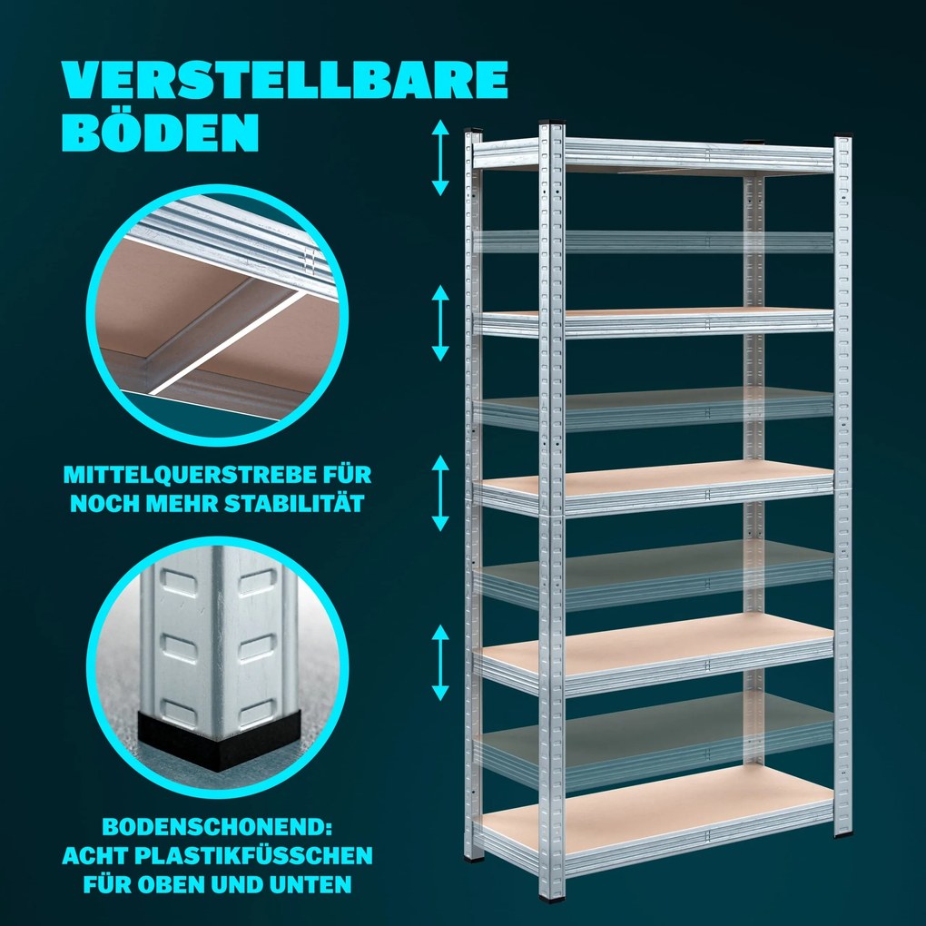 Conjunto de 2 estantes para cargas pesadas galvanizadas com capacidade de carga 875 kg, 180 x 90 x 40 cm Prateado