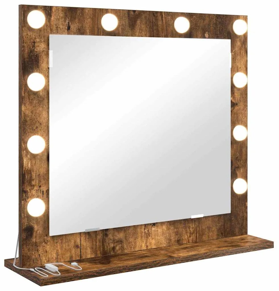 Espelho de maquiagem com luzes LED Carvalho Fumado 60x55x18 cm
