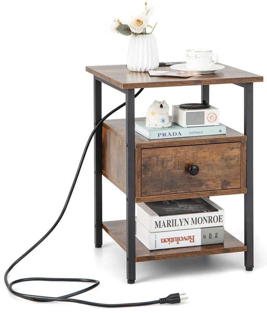 Mesa de cabeceira de 3 camadas com estação de carregamento e gaveta - conjunto de 2 peças