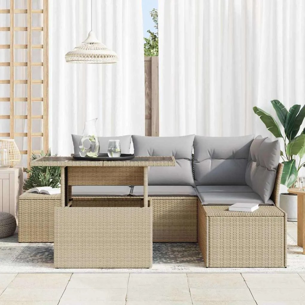 Conjunto de sofá de jardim com 5 peças e almofadas bege em rattan sint