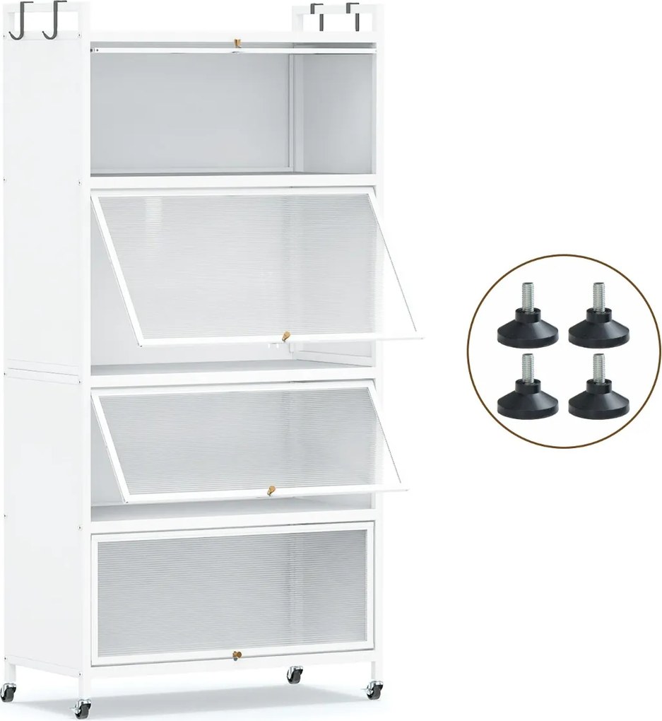 Armário de cozinha 80,5 x 40 x 162 cm de 5 níveis metálico com 4 portas batentes Prateleira com rodas para micro-ondas Branco