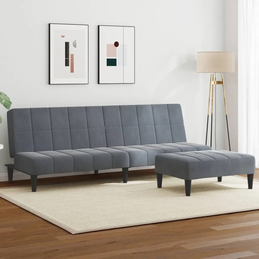 Sofá-cama 2 lugares c/ apoio de pés veludo cinzento-escuro