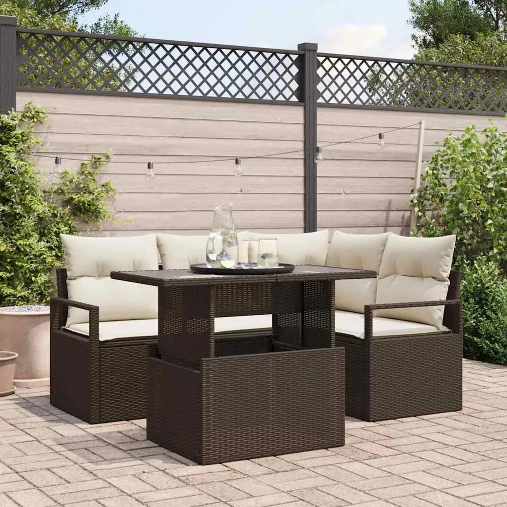vidaXL Conjunto de Sofá de Jardim com 5 Peças e Almofadas Marrom em Rattan Sintético