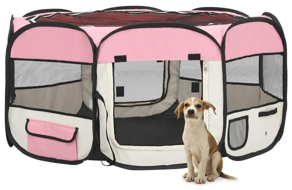 Parque dobrável p/ cão c/ saco de transporte 145x145x61cm rosa