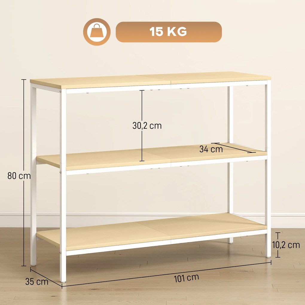 Mesa Consola Estreita Consola de Entrada Moderna com 3 Prateleiras Abertas e Pés de Metal 101x35x80 cm Madeira e Branco