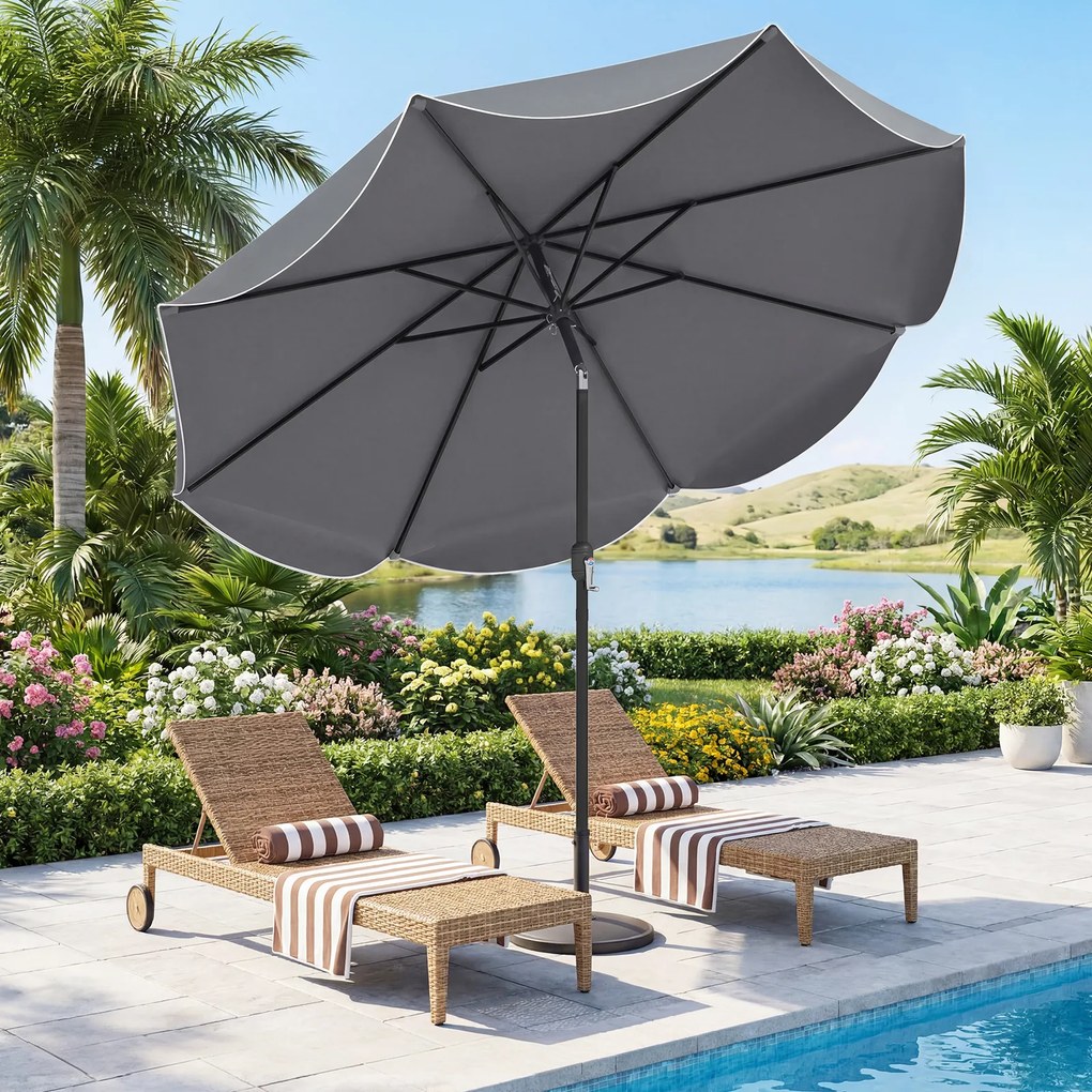 Guarda-sol de 270 cm para terraço exterior com inclinação bidirecional de 30° (BASE NÃO INCLUIDA), 8 varas metálicas, manivela e volantes decorativos