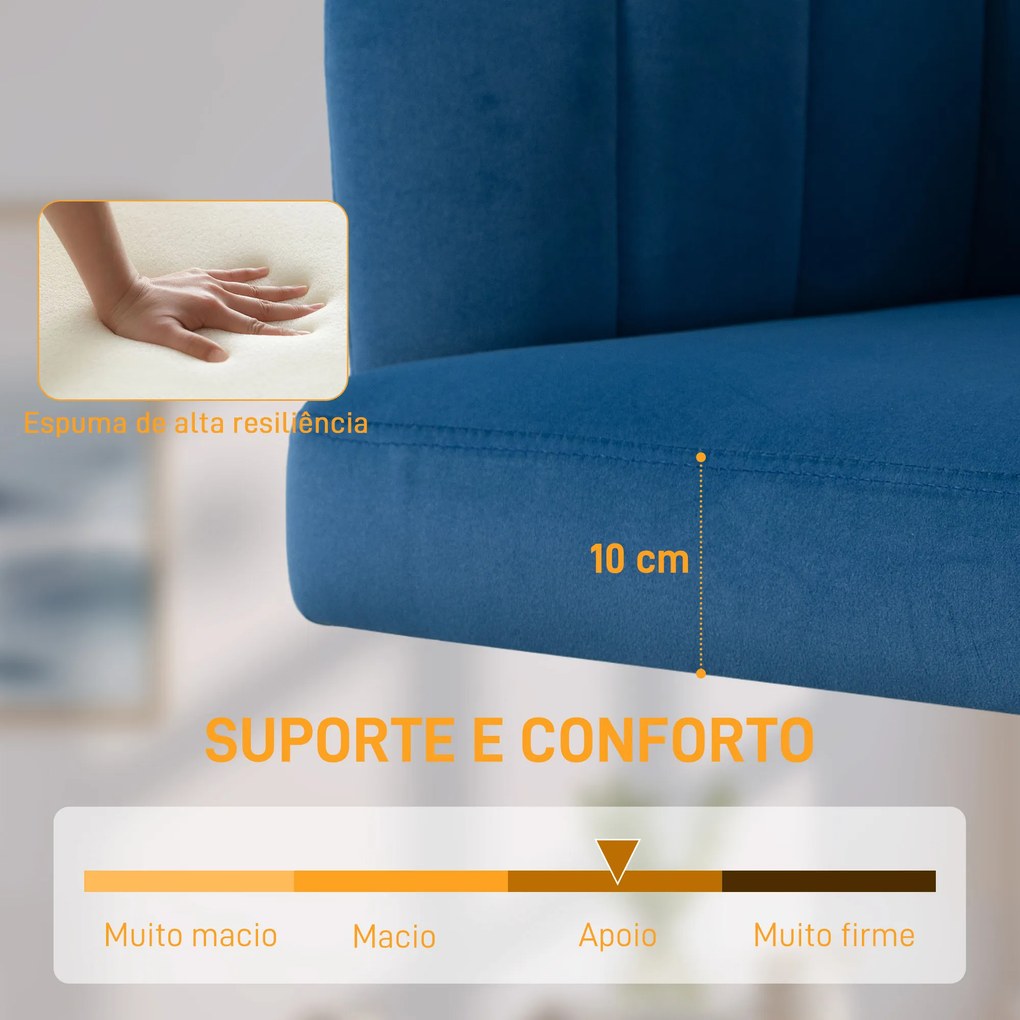 Cadeira de Escritório com Rodas de Veludo com Encosto Acolchoado Altura Ajustável e Espuma de Alta Resiliência Azul