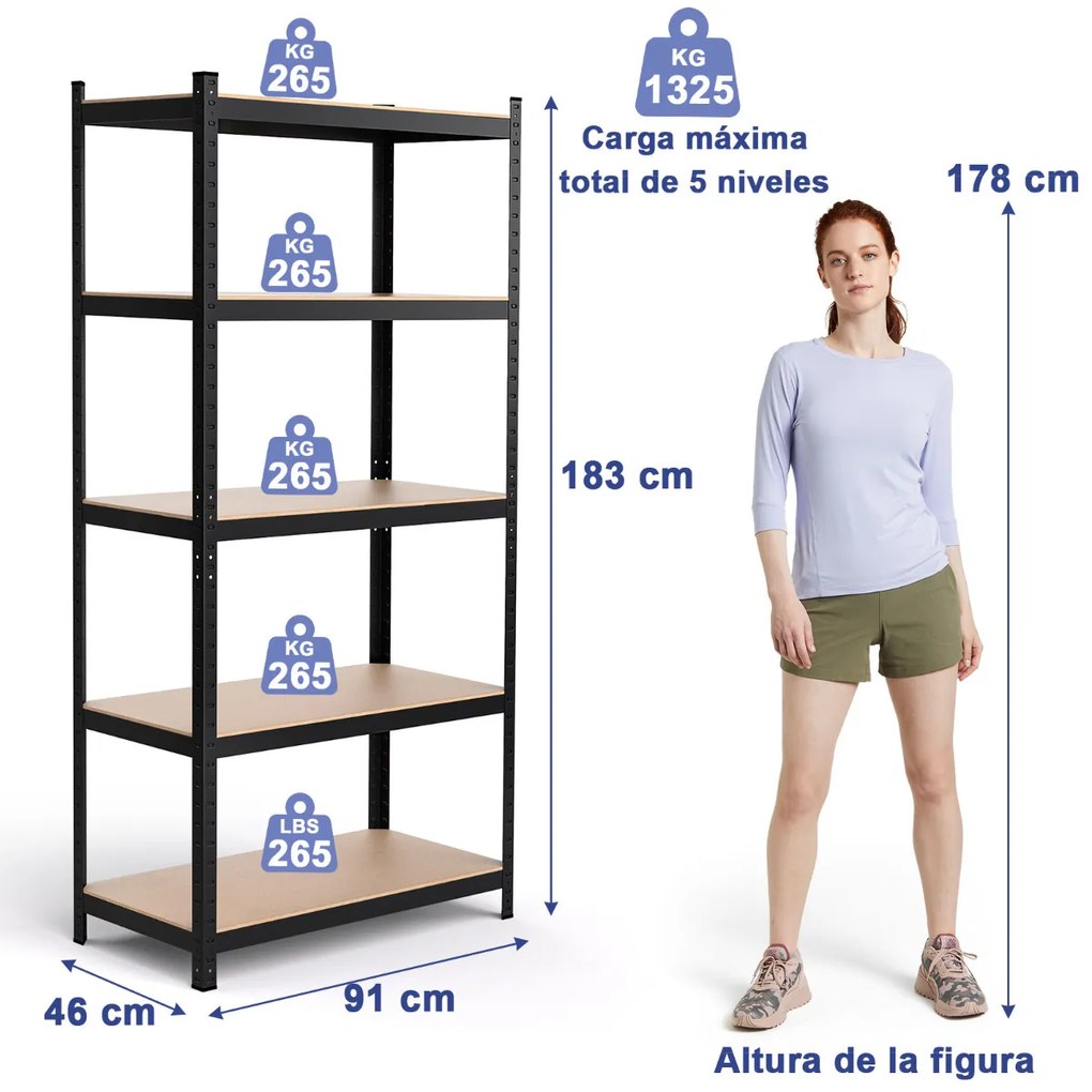 Estante de armazenamento 5 prateleiras Carga até 875 kg Estantes de aço ajustáveis em altura para garagem Oficina 90x40,5x180,5cm Preto