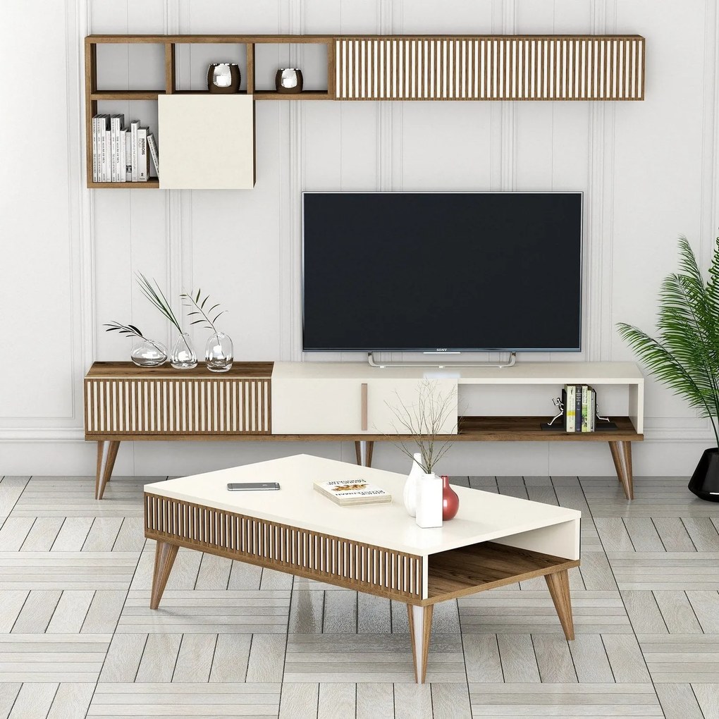 Conjunto de Mobiliário de Sala de Estar MilanSet482 – Noz e Creme – Es