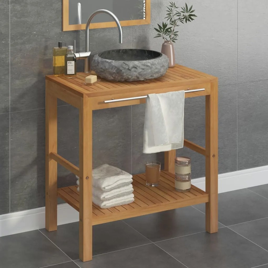 vidaXL Armário de casa de banho teca maciça + lavatório mármore preto
