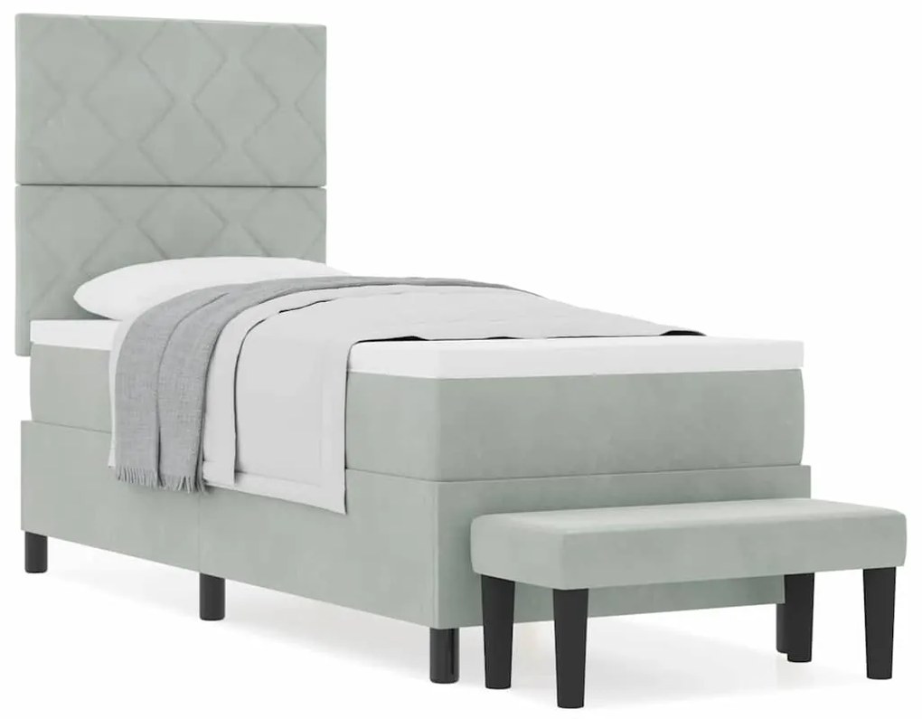 Cama Box Spring com Colchão e Banco Cinza Claro 80x200 cm Veludo