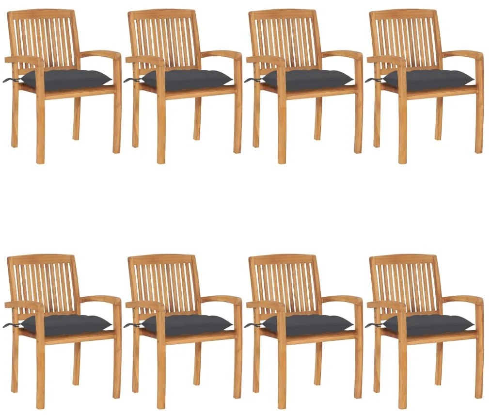 vidaXL Cadeiras de jardim empiháveis c/ almofadões 8 pcs teca maciça