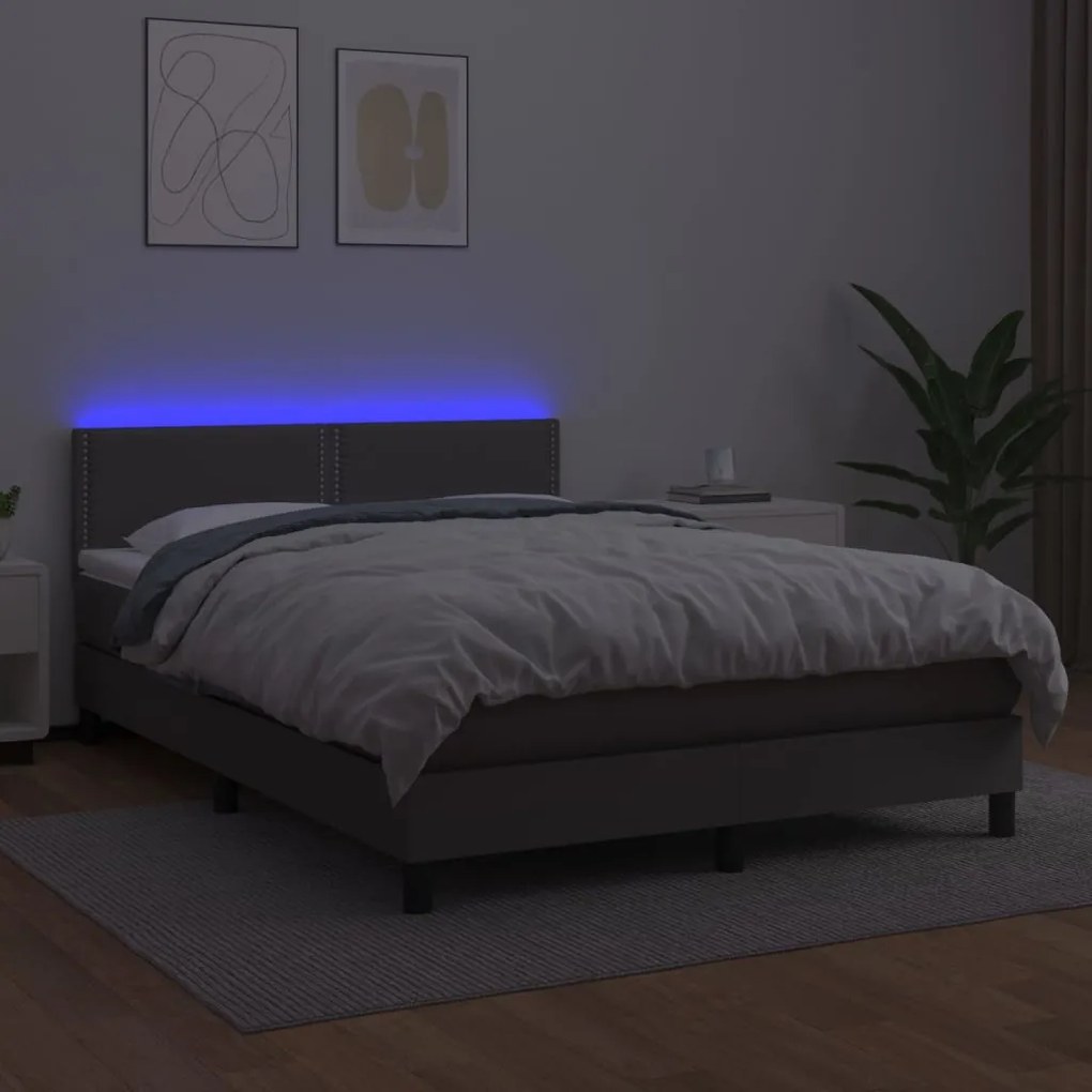 Cama box spring c/ colchão/LED 140x190cm couro artificial cinza