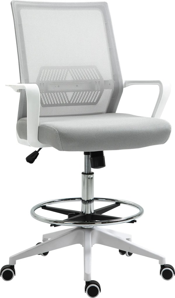 Cadeira de escritório com assento alto ajustável, 64 x 59 x 104-124 cm, cadeira giratória com rotação de 360°, tecido respirável cinzento e branco