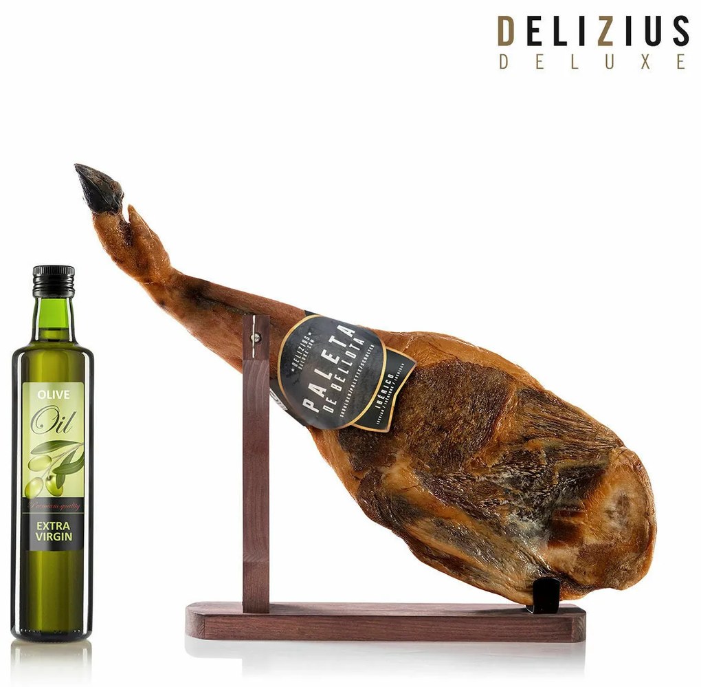 Conjunto de Paleta Ibérica de Bellota, Azeite e Suporte para Presunto Delizius Deluxe