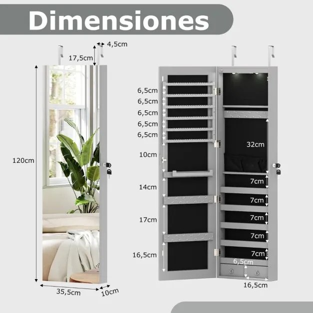 Armário de joias em madeira com espelho de parede e LED interno Organizador de porta ou parede com chave 35,5 x 10 x 120 cm Cinza claro