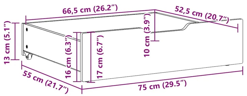 Gavetas para cama com rodas 2 pcs 75x55x17 cm pinho maciço