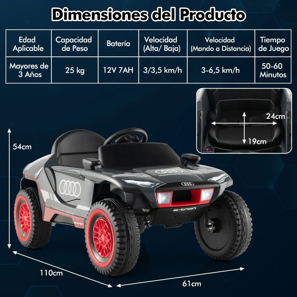 Carro elétrico para crianças Audi 12V com controle remoto Luzes LED 4 molas de suspensão para crianças com mais de 3 anos Cinza