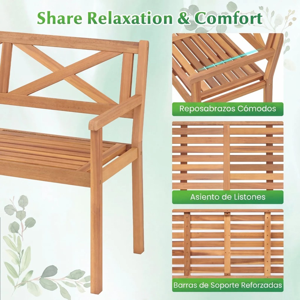 Banco de jardim de acácia de 2 lugares com encosto, 56 x 119 x 80 cm braços e assento em ripas, com capacidade para 360 kg, Natural