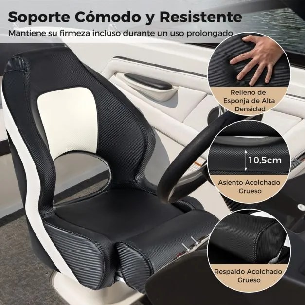 Assento de barco desportivo dobrável com encosto de 53 cm de altura e encosto estofado em couro PVC impermeável Preto
