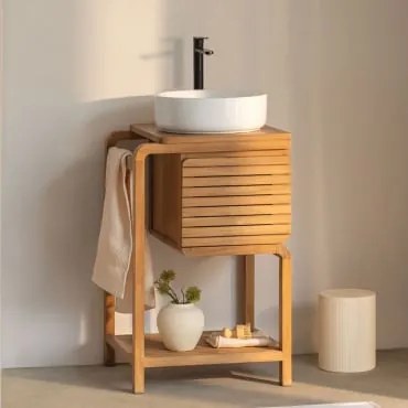 Conjunto De Móveis De Banheiro Em Madeira De Teca Bradley Cerâmica Redonda Branca Ø40 Cm Lenka & Sem Espelho & Preto - Sklum
