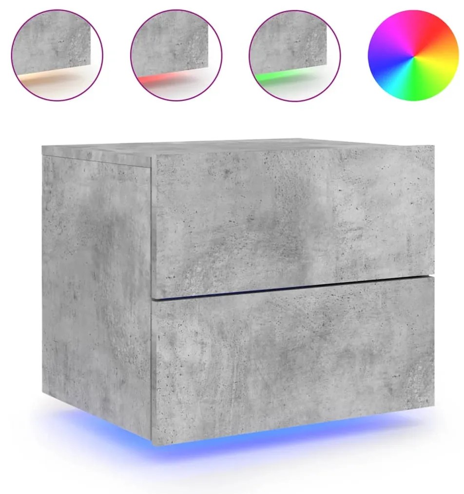 Mesas de cabeceira de parede c/ luzes LED 2pcs cinzento cimento