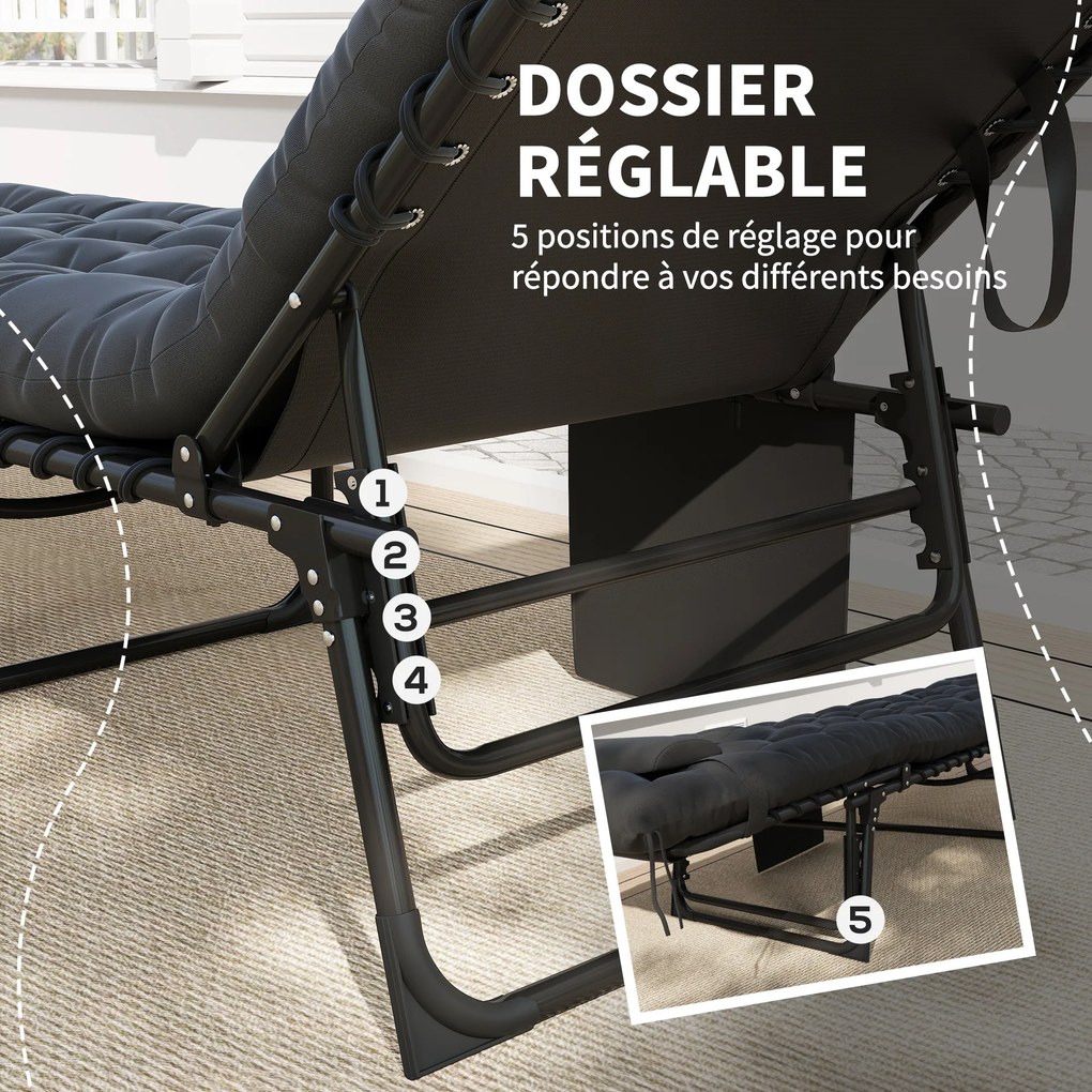 Espreguiçadeira dobrável com almofada para a cabeça, bolso lateral e encosto reclinável, 58 x 189 x 32,5 cm, preta