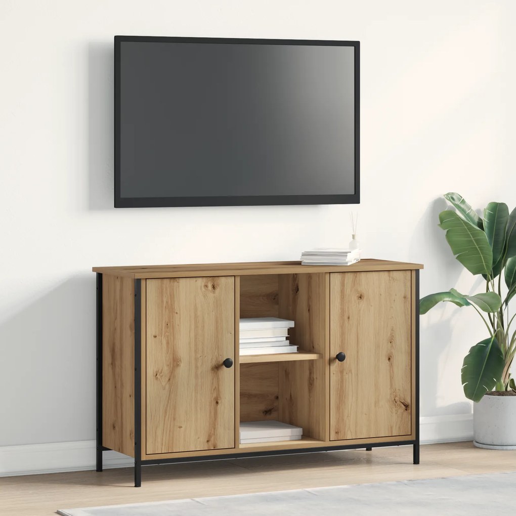Armário de TV vidaXL Preto Carvalho 101x35x65 cm Madeira Ing. e Aço